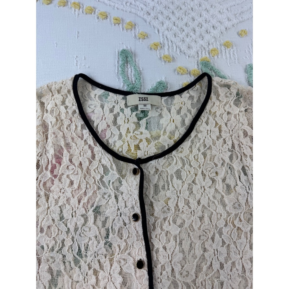 ISSI Cream Lace Black Trim Button Front Cardigan Sweater Women's‎ M - Picture 8 of 11